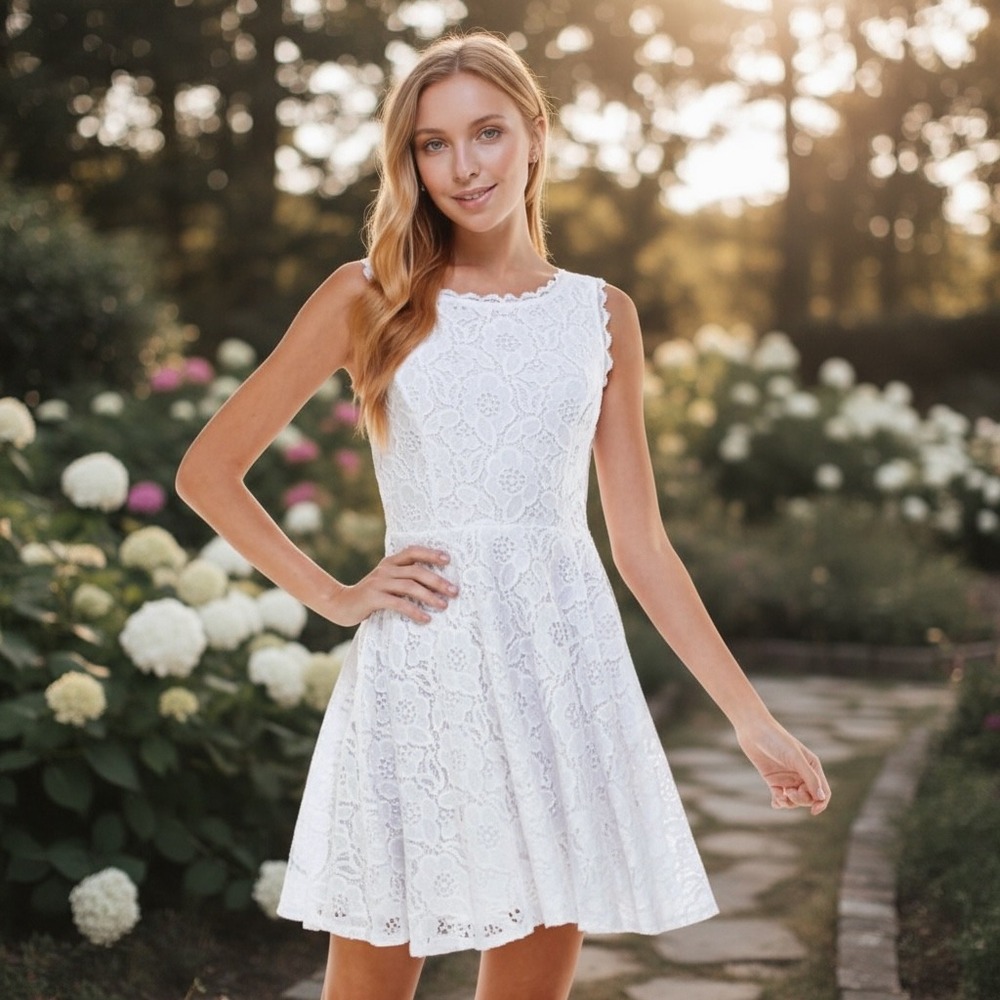 City Studio White Lace Fit Flare Dress Sleeveless Scalloped Neckline Size 11